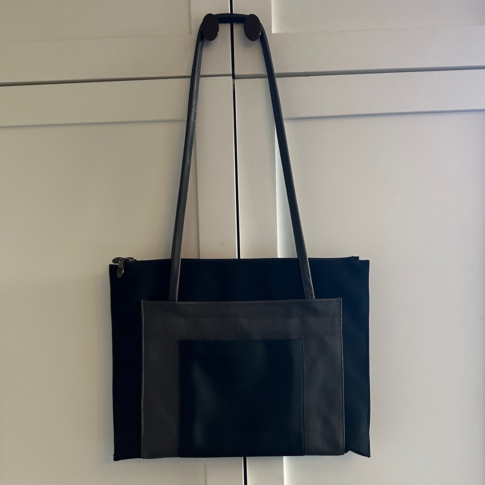 LEVENGER GREY LEATHER AND NEOPRENE TOTE